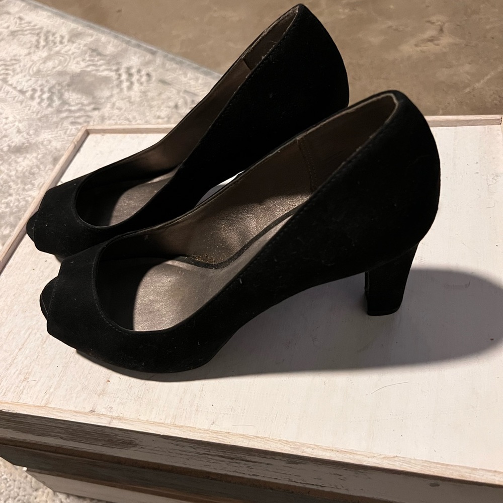 Open toe black suede 3.5” heels, worn only twice.